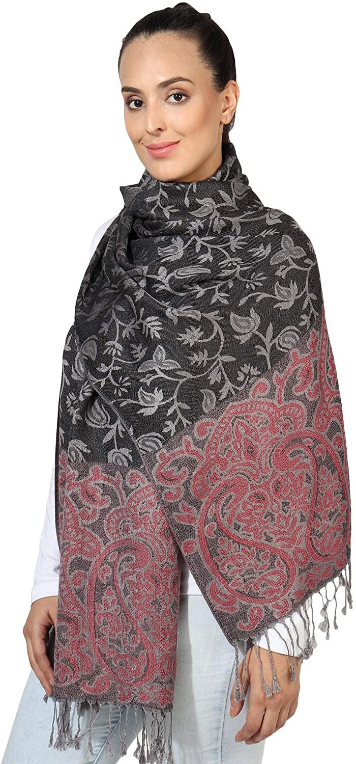 World of Shawls Ladies Floral Paisley Bordered Pashmina Feel Shawl Scarf Wrap Stole Luxuriously Warm Soft and Silky Touch