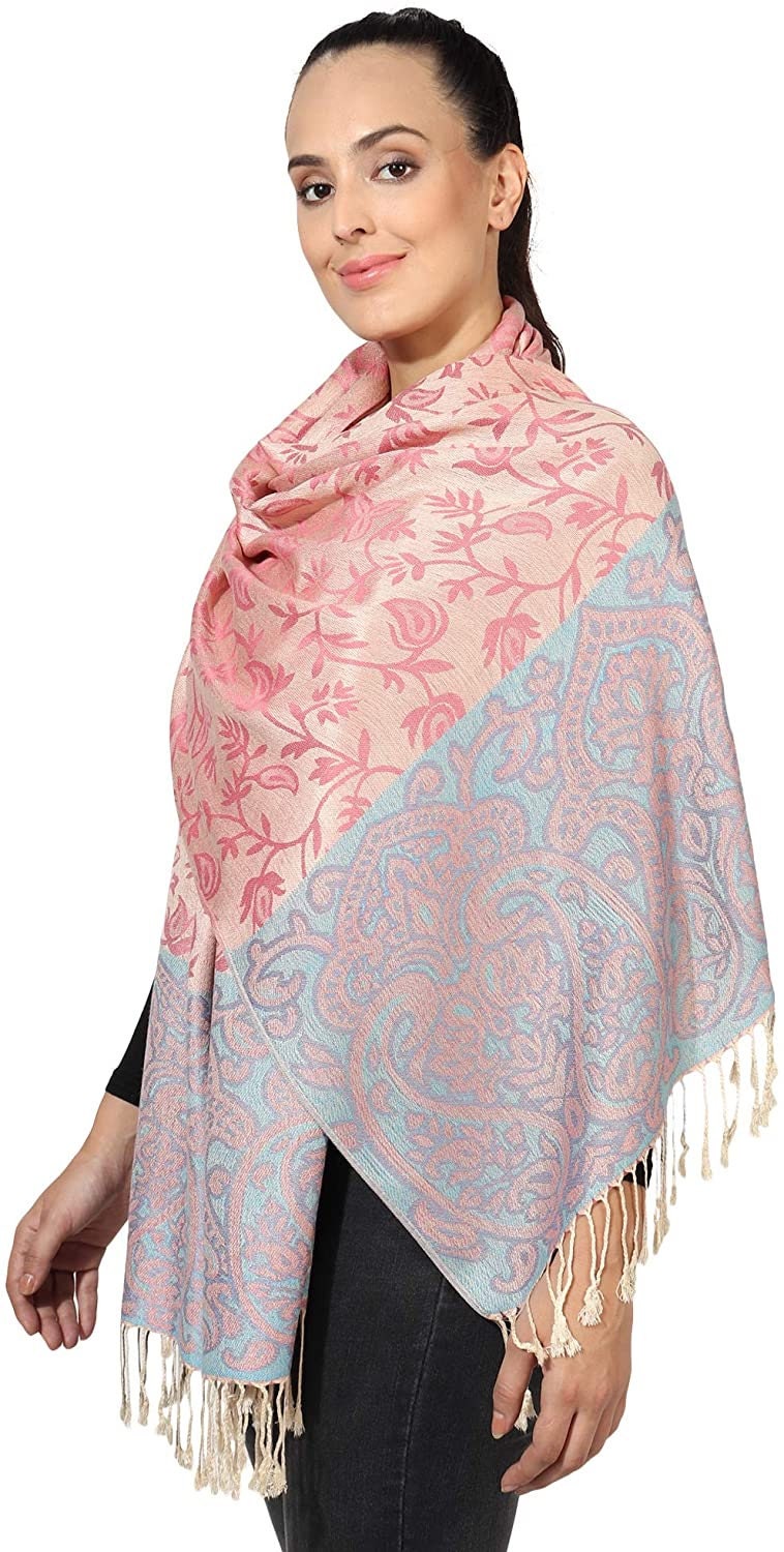 World of Shawls Ladies Floral Paisley Bordered Pashmina Feel Shawl Scarf Wrap Stole Luxuriously Warm Soft and Silky Touch