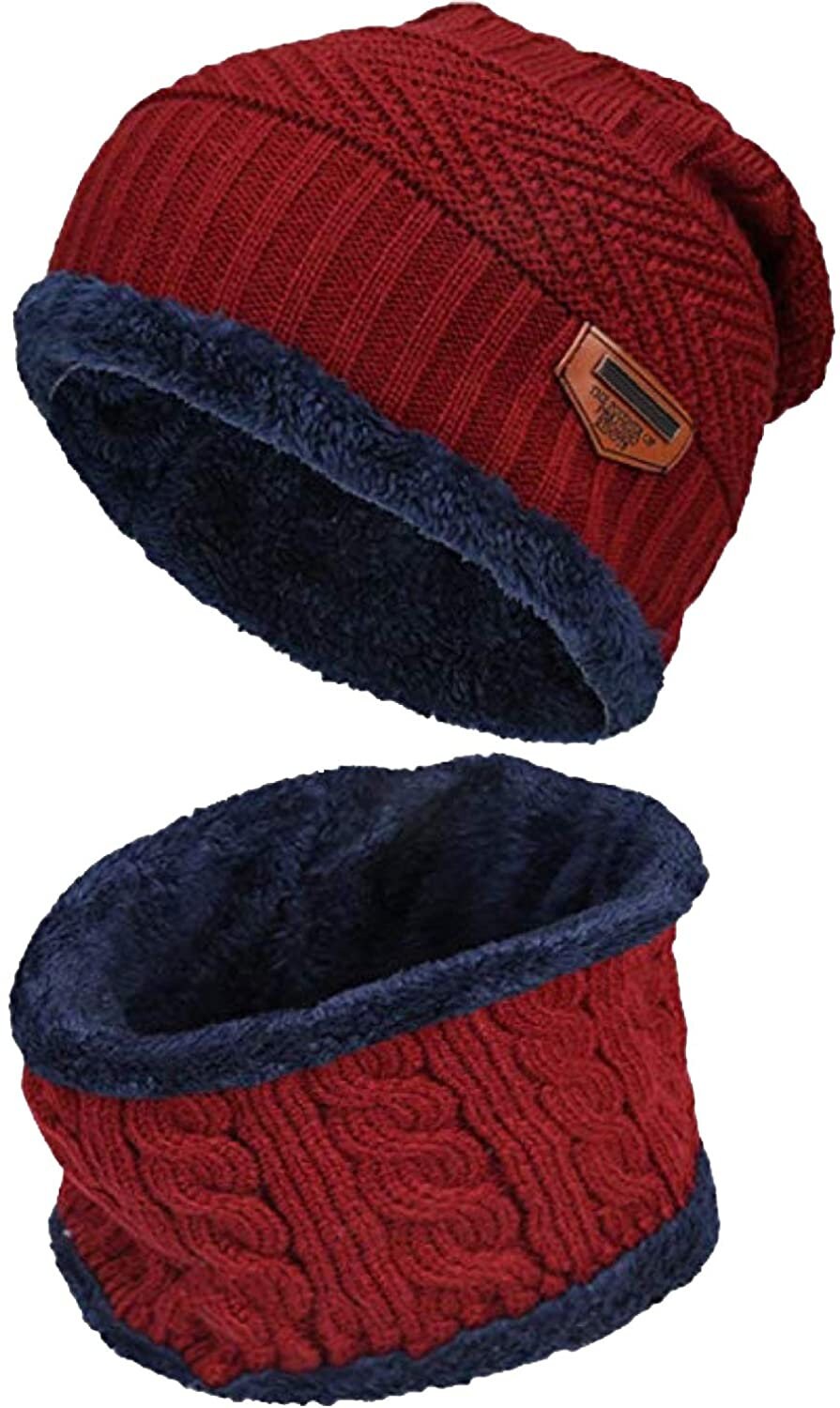 Unisex Men Women Knitted Fleece Beanie Hat and Loop Circle Scarf Snood Set Warm Soft and Comfortable