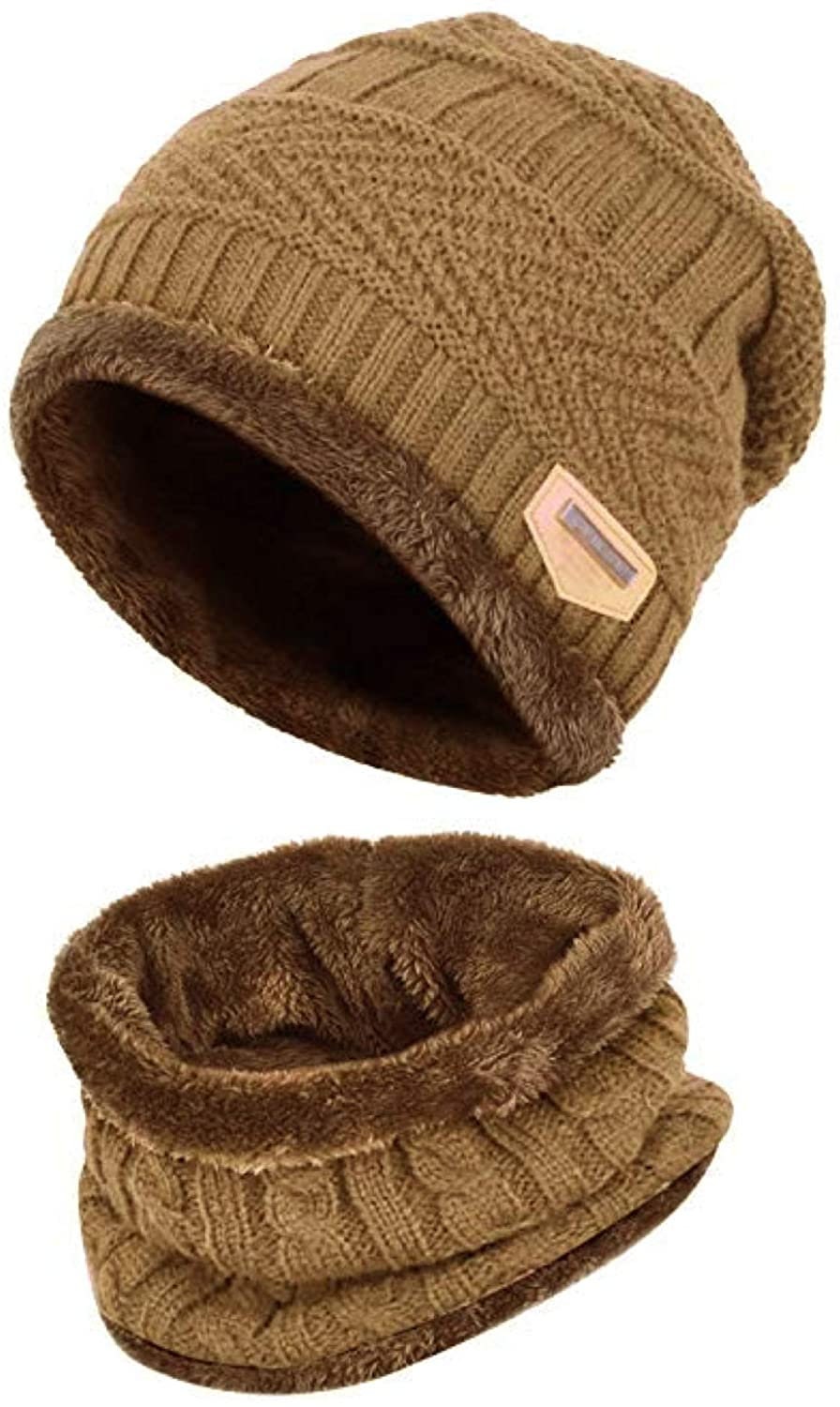 Unisex Men Women Knitted Fleece Beanie Hat and Loop Circle Scarf Snood Set Warm Soft and Comfortable