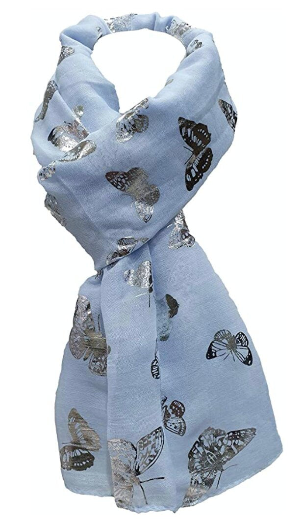 Silver Foil Butterfly Print Ladies Celebrity Style Scarves Maxi, Scarf, Wrap, Sarong, shawls Gift