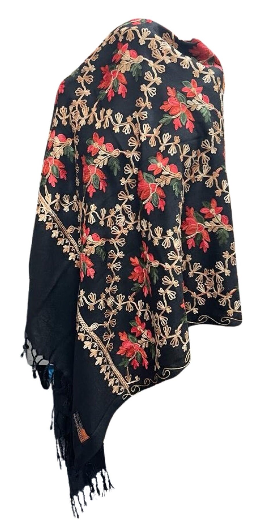 Black Stunning Kashmiri Master Craftsman Hand Embroidered Luxury Shawl Wrap Scarf