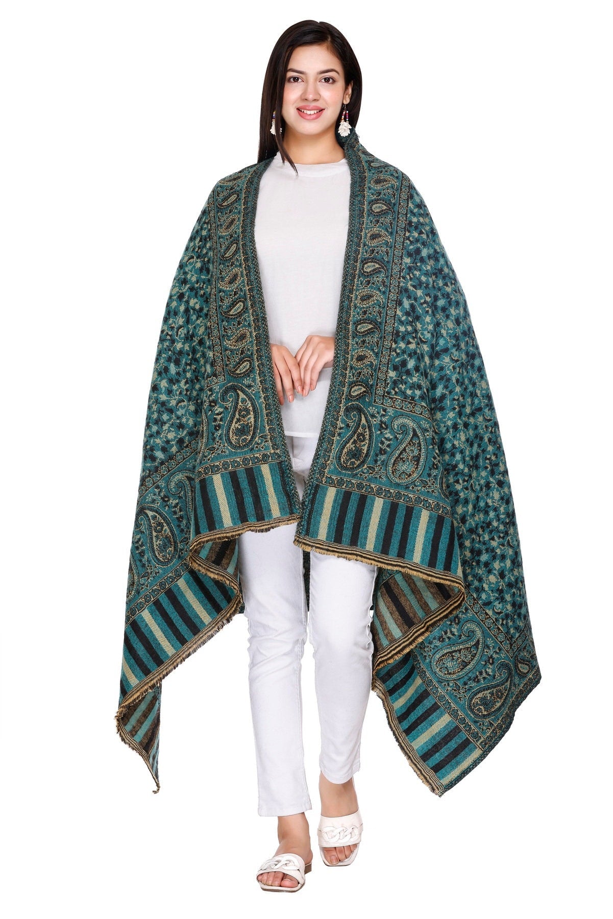 Green / Gold Reversible Paisley Design Shawl Big Size High-Quality Yak Wool Blend Scarf, Wrap, and Blanket - Ideal Xmas Gift