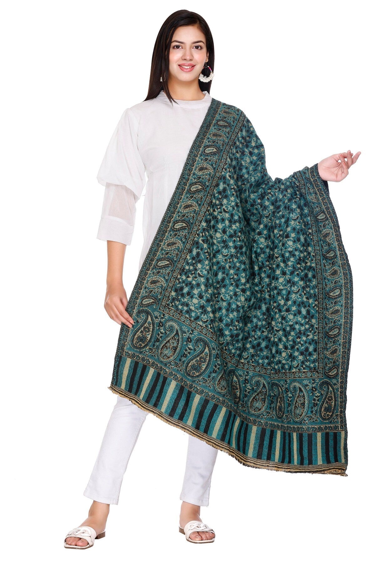 Green / Gold Reversible Paisley Design Shawl Big Size High-Quality Yak Wool Blend Scarf, Wrap, and Blanket - Ideal Xmas Gift