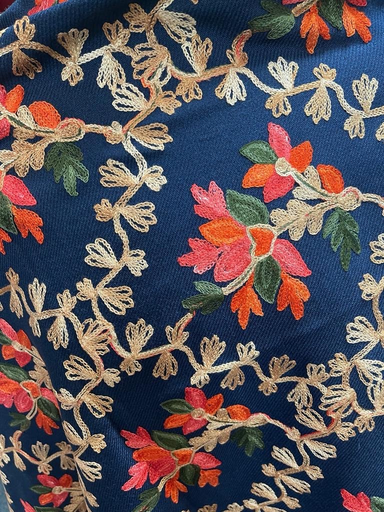 Navy Blue Stunning Kashmiri Master Craftsman Hand Embroidered Luxury Shawl Wrap Scarf