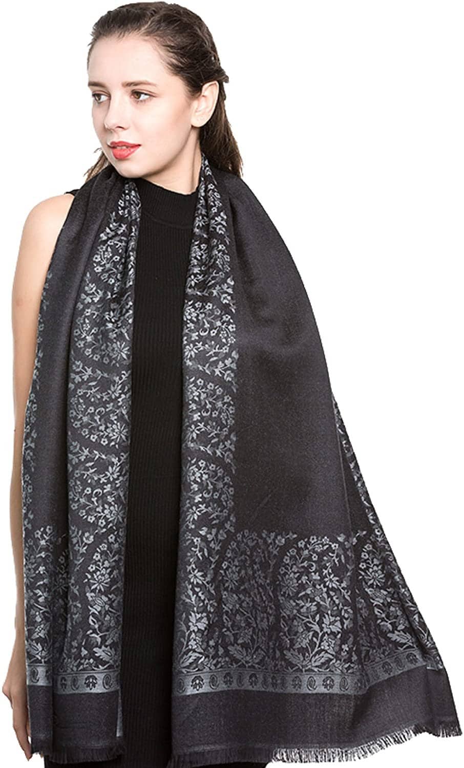 Reversible/Two Sided Print Self Embossed Pashmina Feel Wrap Scarf Stole Scarves Shawl