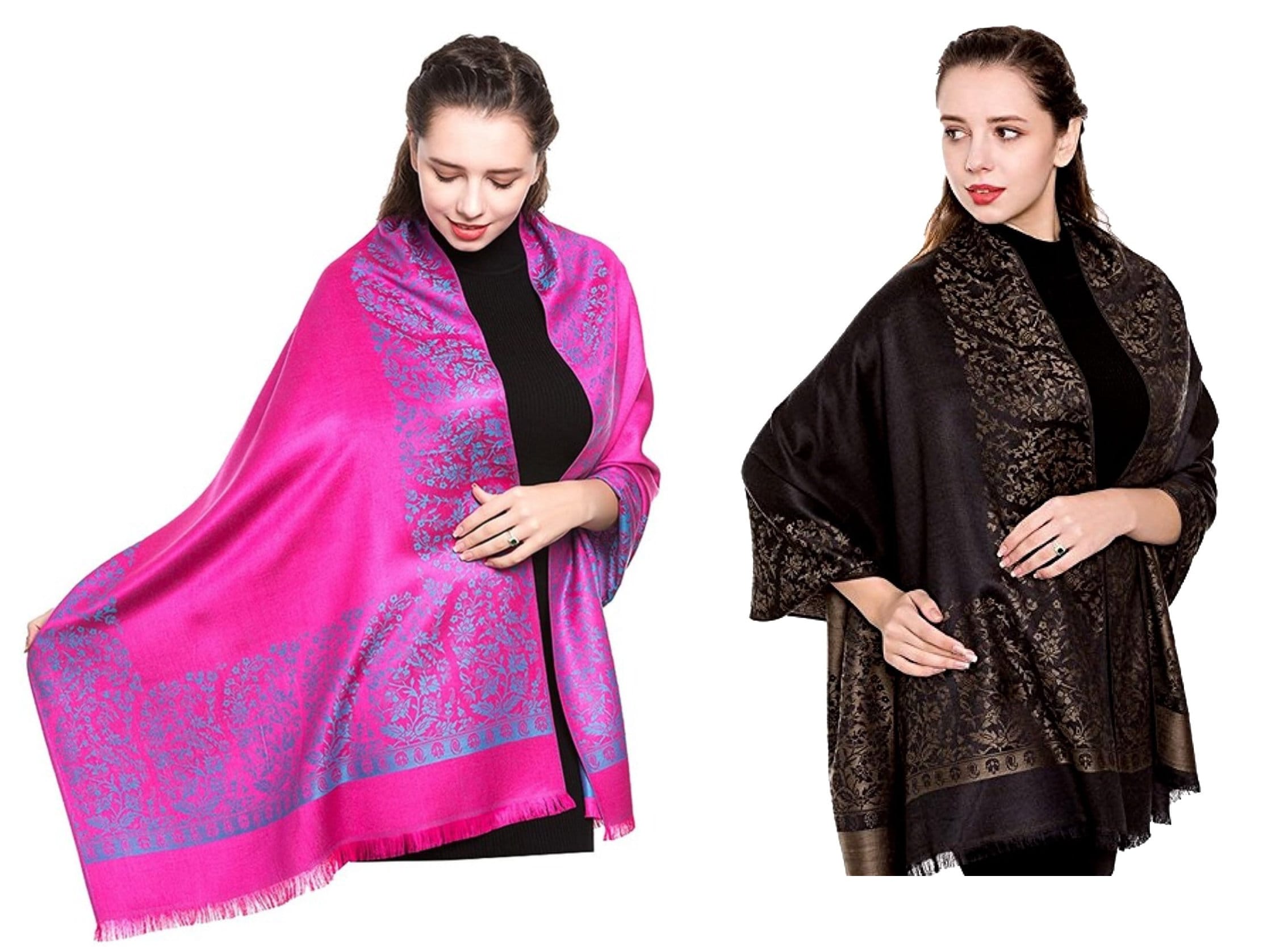 Reversible/Two Sided Print Self Embossed Pashmina Feel Wrap Scarf Stole Scarves Shawl