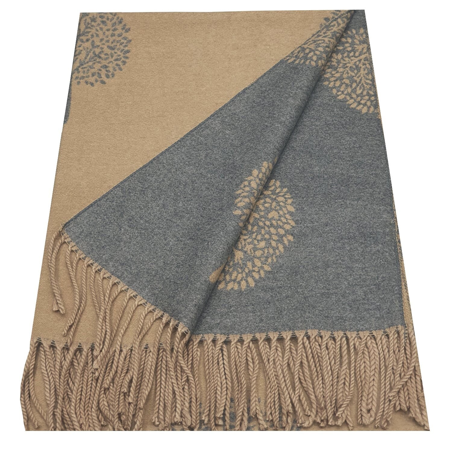 Thick Reversible Mulberry Design Winter Scarf Wrap Blanket Shawl Warm Soft Cosy - DARK BEIGE / GREY