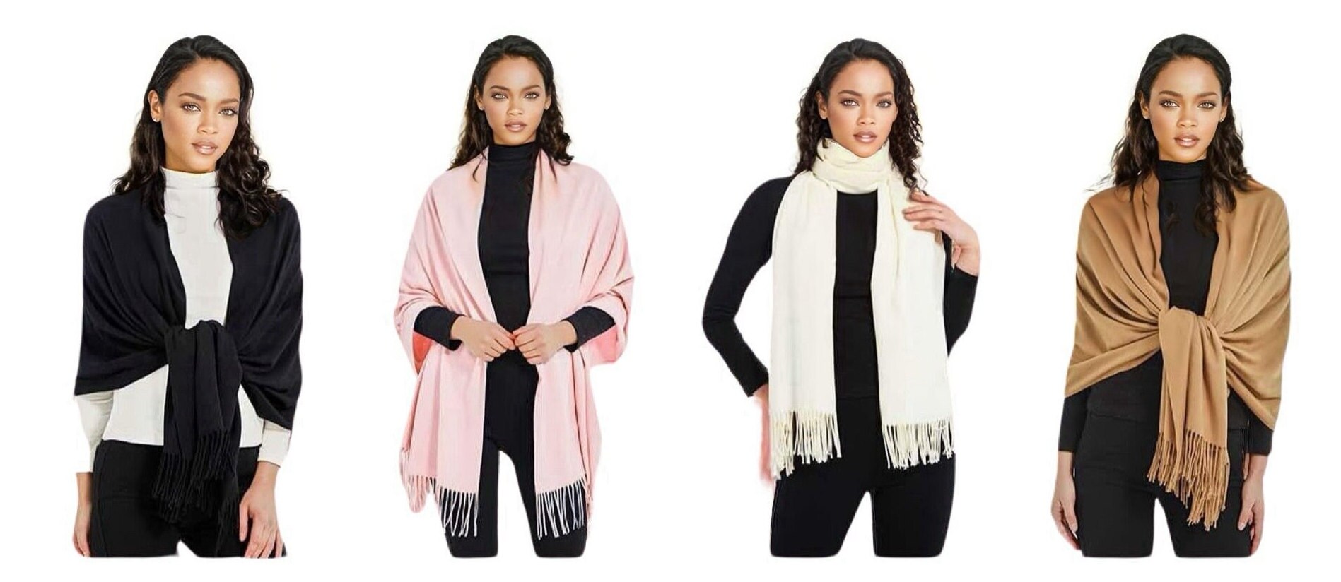 Pack of 4 Black, Baby Pink, Ivory Cream and Dark Gold Winter Warm Cashmere Feel Wrap Blanket Shawl Scarf Warm Soft Cozy