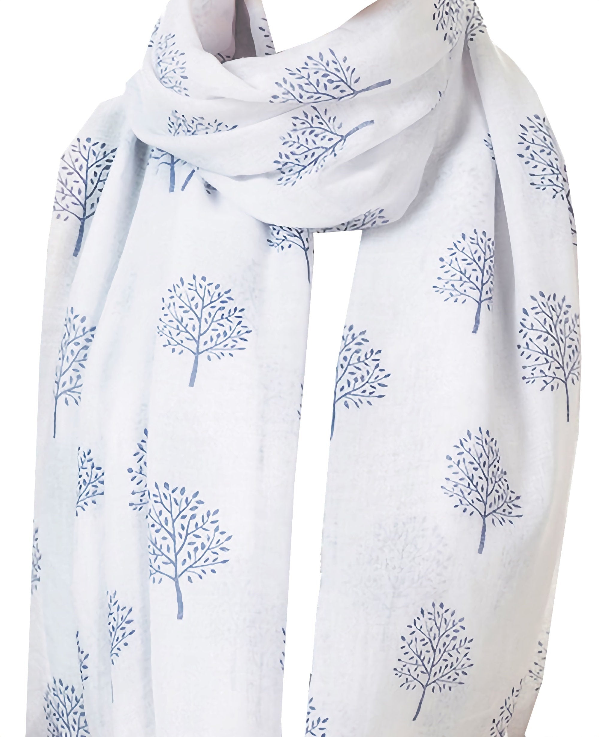 Mulberry Tree Print Scarf Shawl Wrap Soft Warm - WHITE and BLUE
