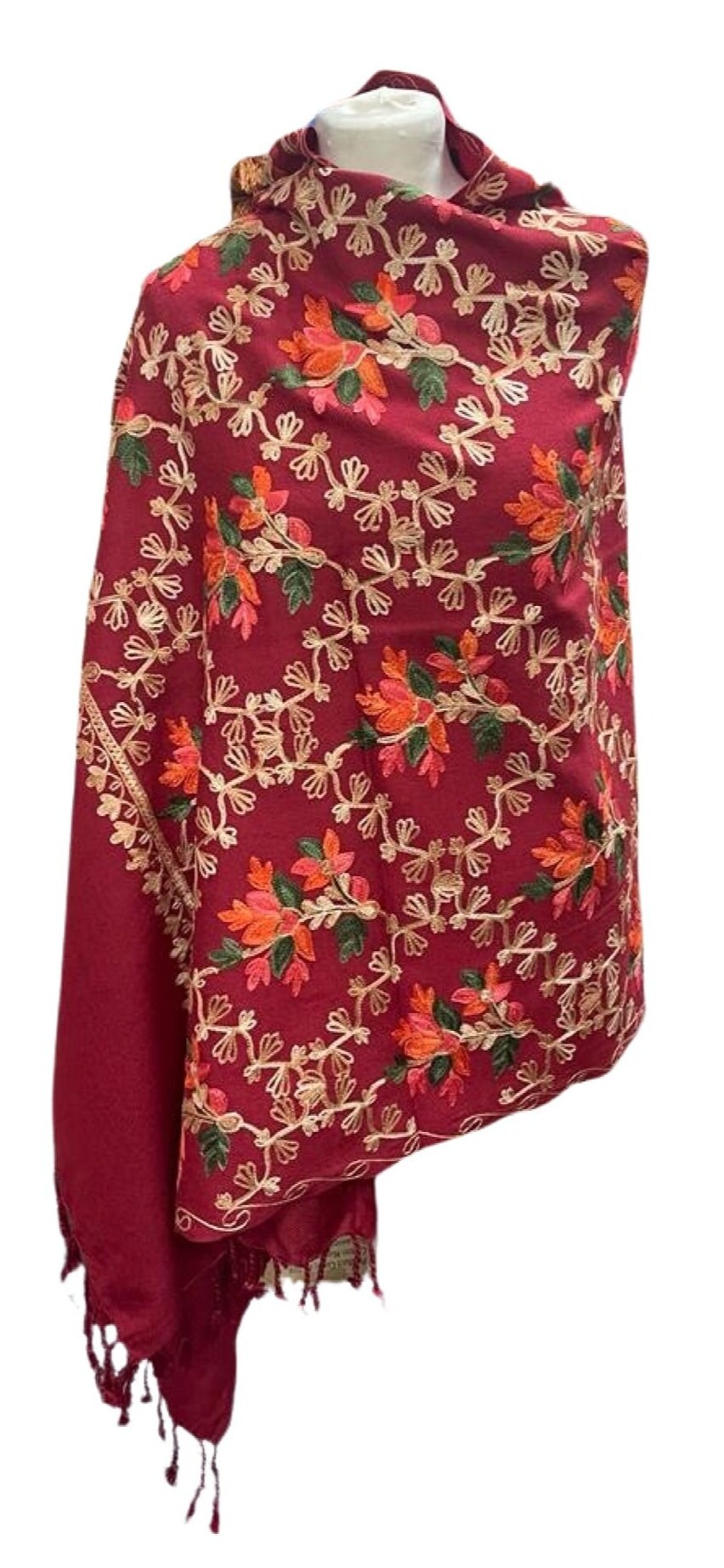 Maroon Stunning Kashmiri Master Craftsman Hand Embroidered Luxury Shawl Wrap Scarf
