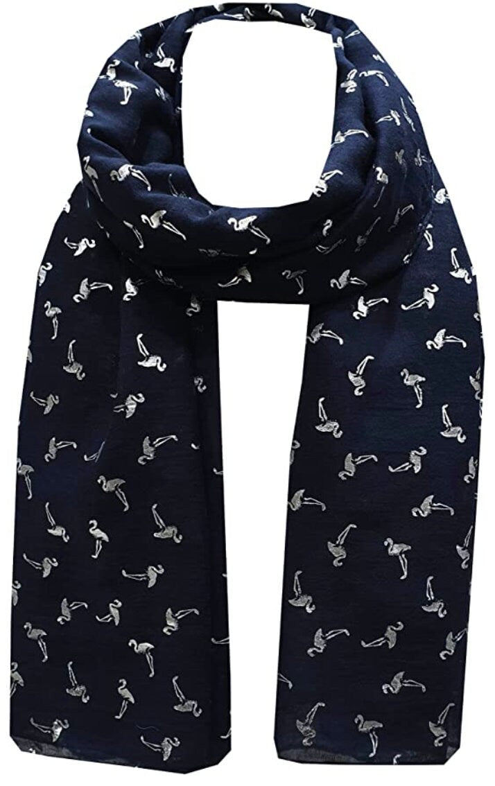 Silver Glitter Foil Flamingo Bird Print Fashion Scarf Wrap For Women