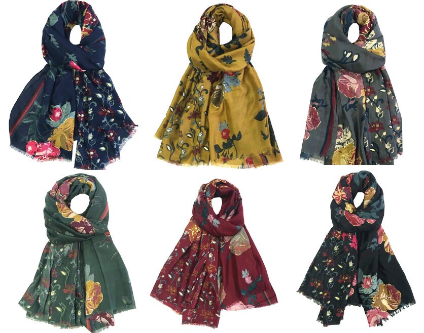 Floral Print with Gold Foil Large Celebrity Fashion Scarf Wrap Shawl Maxi Sarong