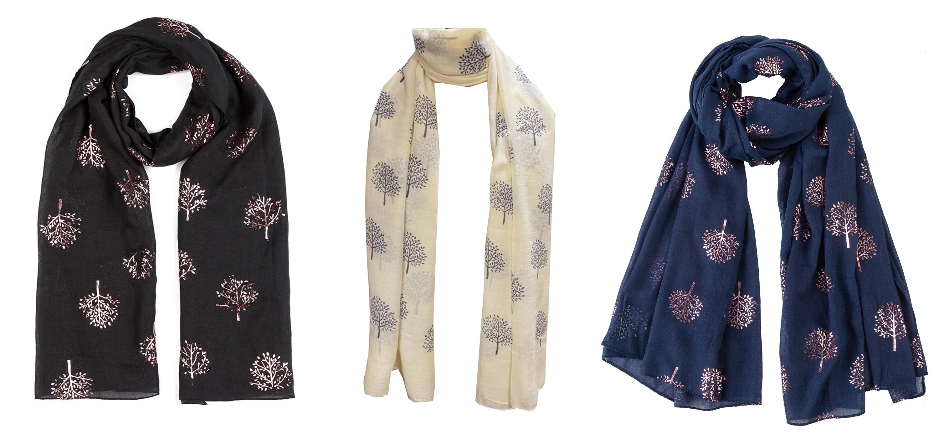 Pack of 3 Black, Cream and Navy Blue Mulberry Tree Print Scarf Women Fashion Large Wrap