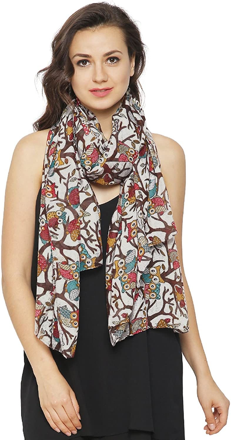 Ladies Women's Owl on Branch Print Scarf Wraps Shawl Maxi Soft Scarves