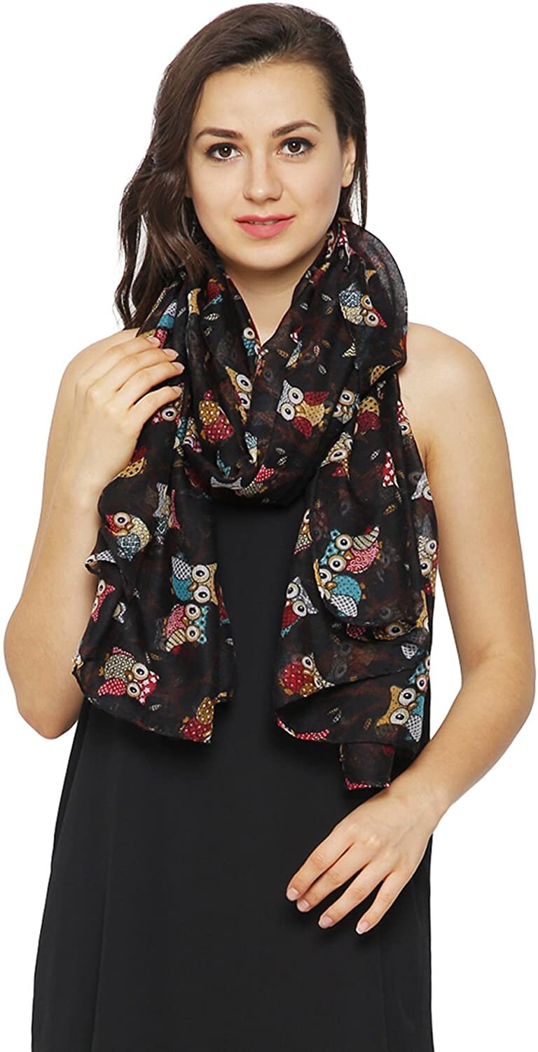 Ladies Women's Owl on Branch Print Scarf Wraps Shawl Maxi Soft Scarves