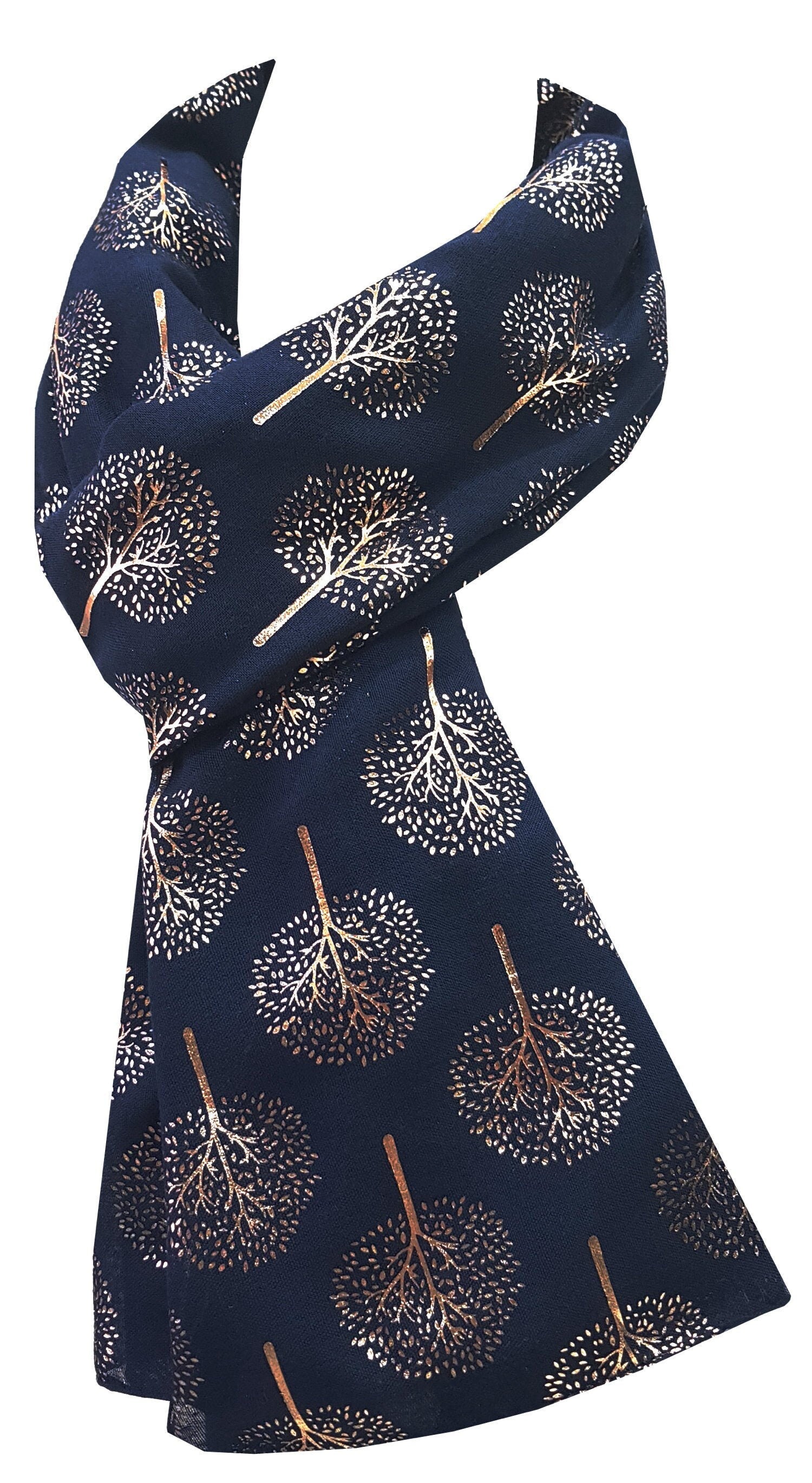 Glam NAVY Mulberry Tree Scarf with GOLD Metallic Foil Classy Ritzy Scarf Wrap Shawl Ideal Gift