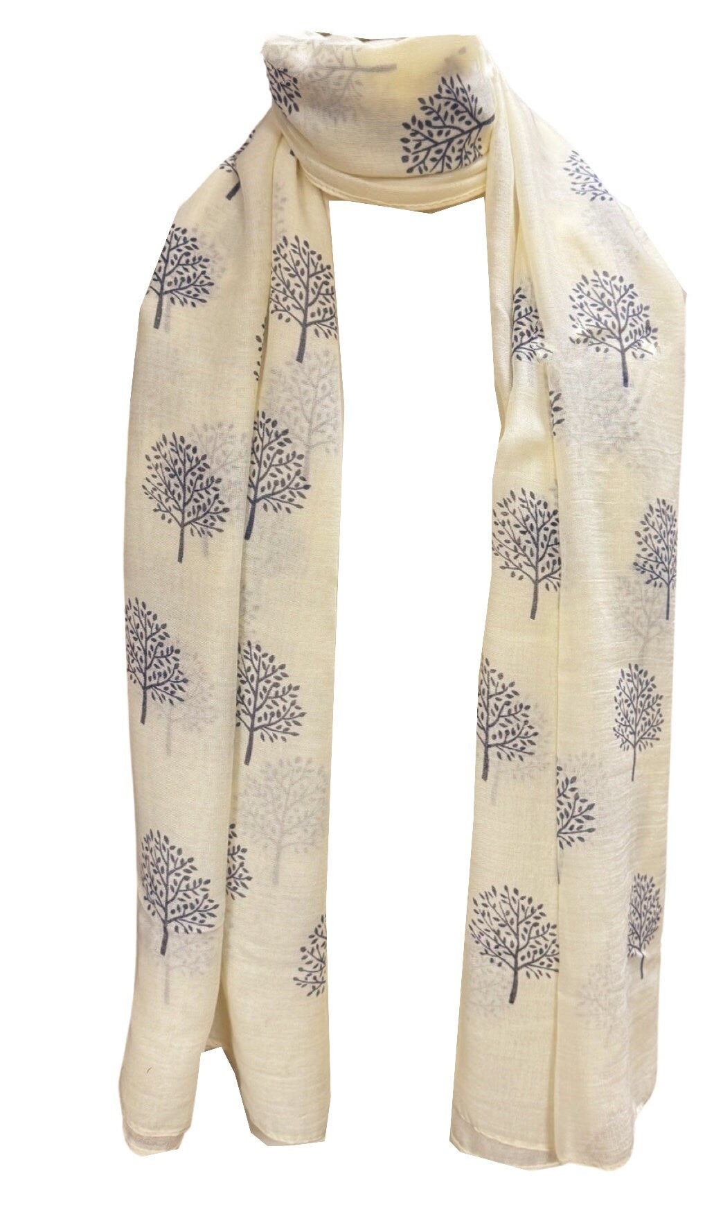 Mulberry Tree Print Scarf Shawl Wrap Soft Warm - Cream and Blue