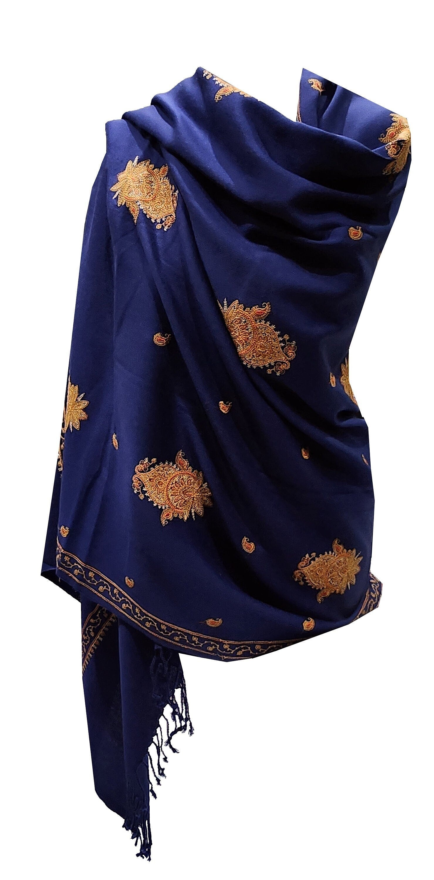 Exclusive Navy Blue and Rust Orange Hand Embroidered Luxury Shawl Wrap Scarf - Only 1 Available in this Design and Colour - Hurry !