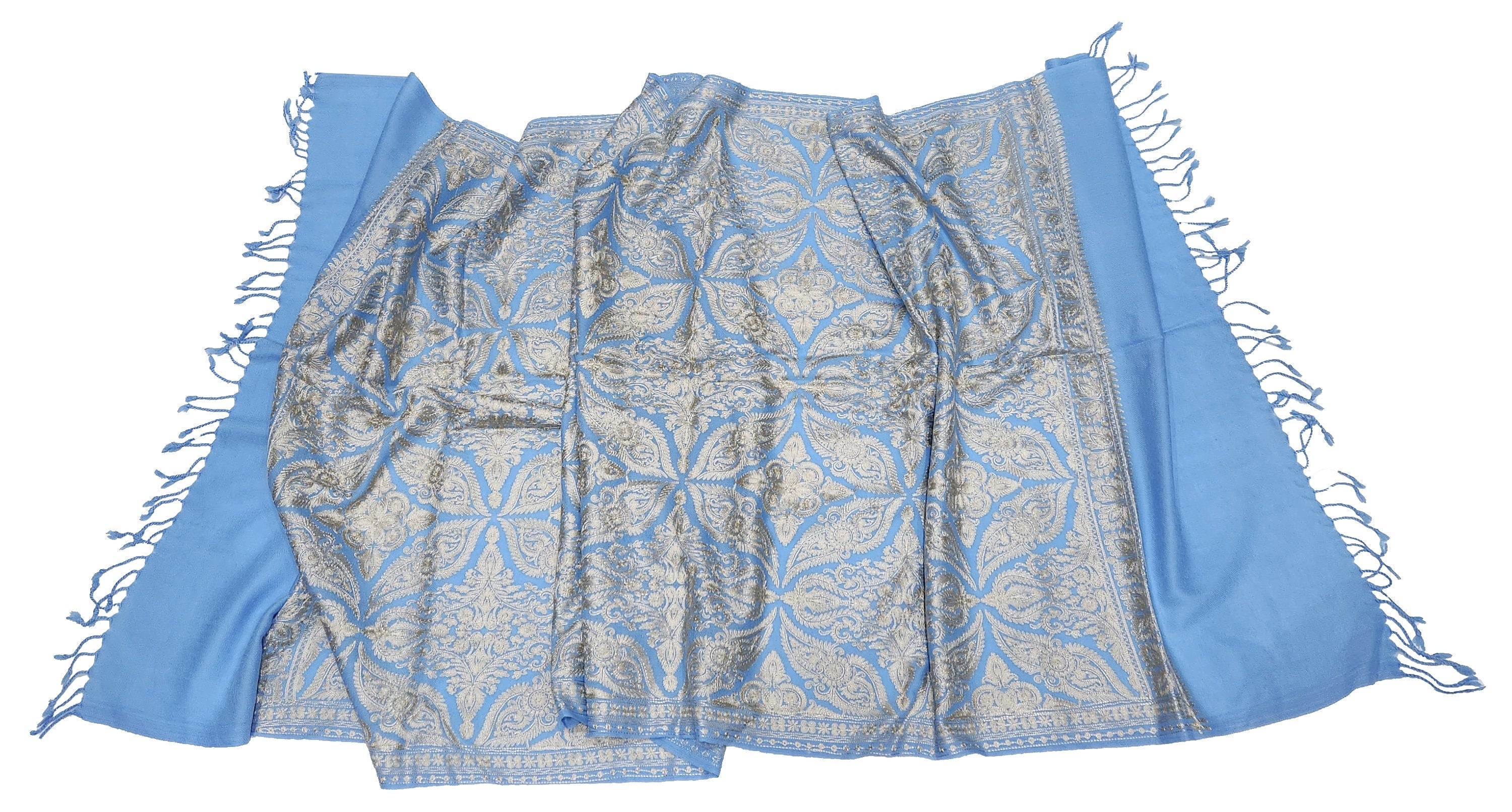 Exclusive Sky Baby Blue and Gold Hand Embroidered Luxury Shawl Wrap - Only 1 Available in this Design and Colour - Hurry !