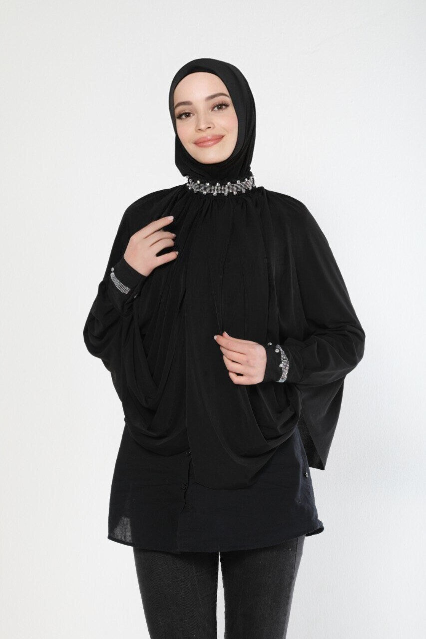 Modern Instant Ready Scarf Hijab Cape Embellished with Exquisite Pearls on Neckline and Sleeves Premium Quality Jersey Ramadan Eid Wedding