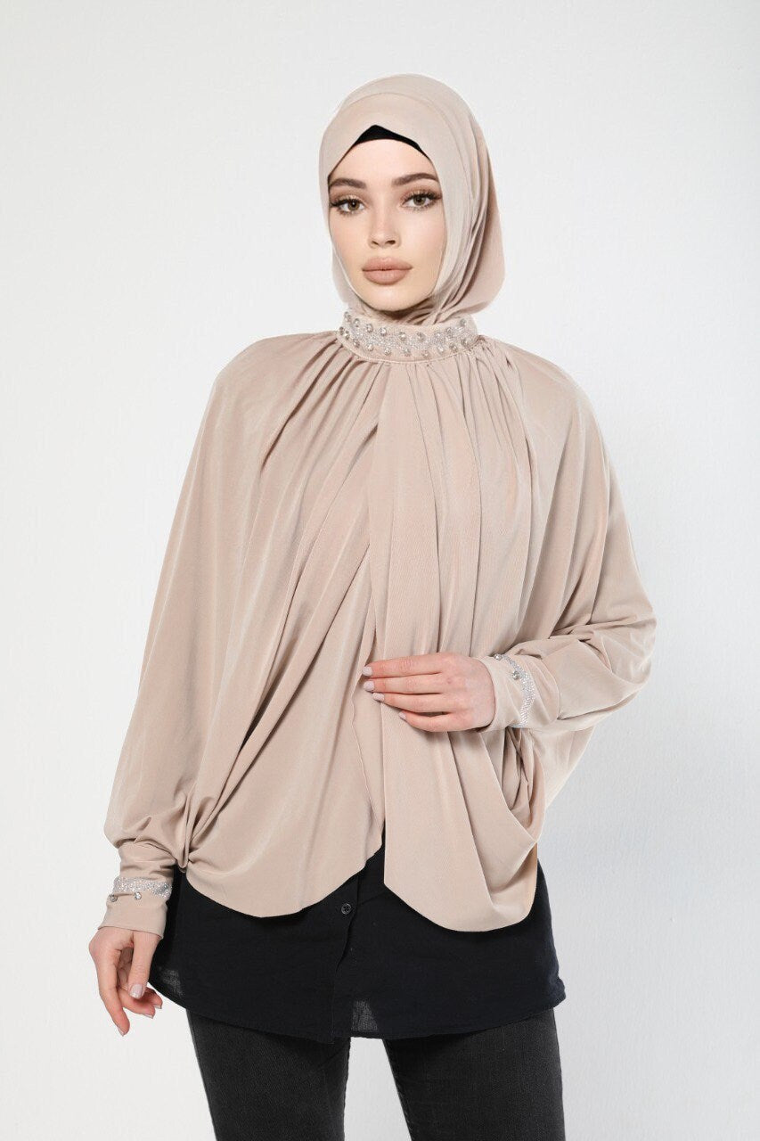 Modern Instant Ready Scarf Hijab Cape Embellished with Exquisite Pearls on Neckline and Sleeves Premium Quality Jersey Ramadan Eid Wedding
