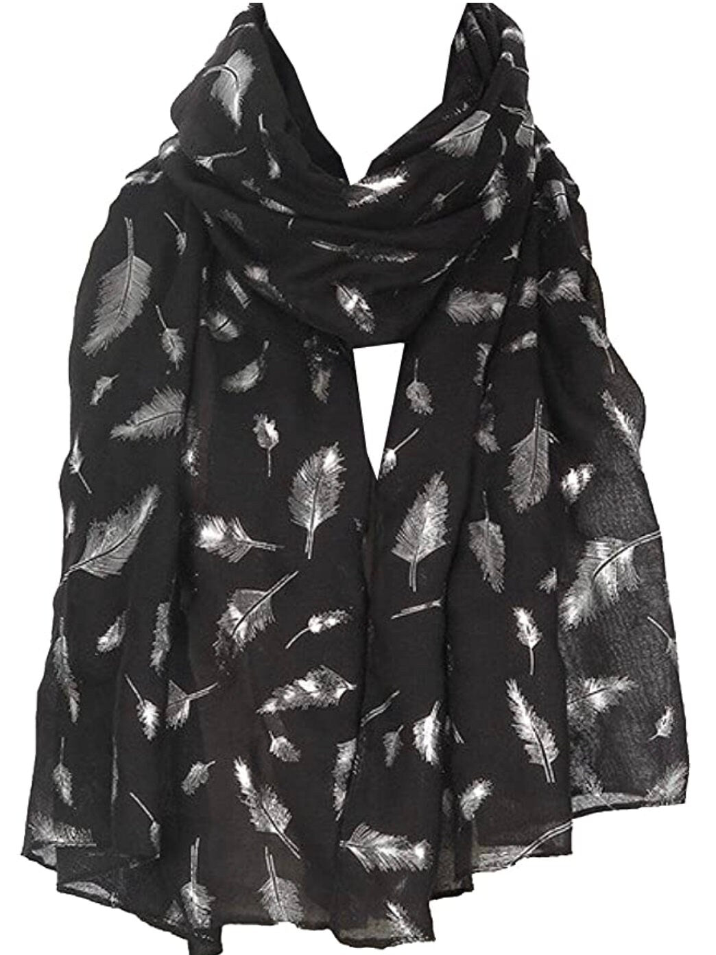 Feather Scarf with SILVER Metallic Foil Print Classy Scarves Wrap Shawl Gift