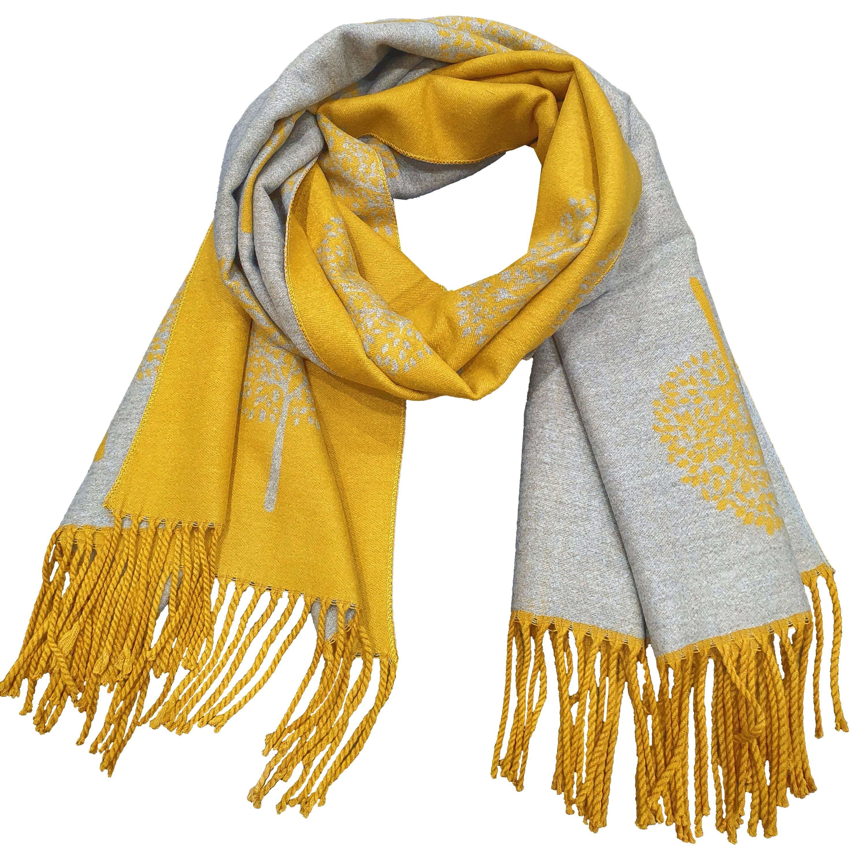 Thick Reversible Mulberry Design Winter Scarf Wrap Blanket Shawl Warm Soft Cosy - MUSTARD / SILVER