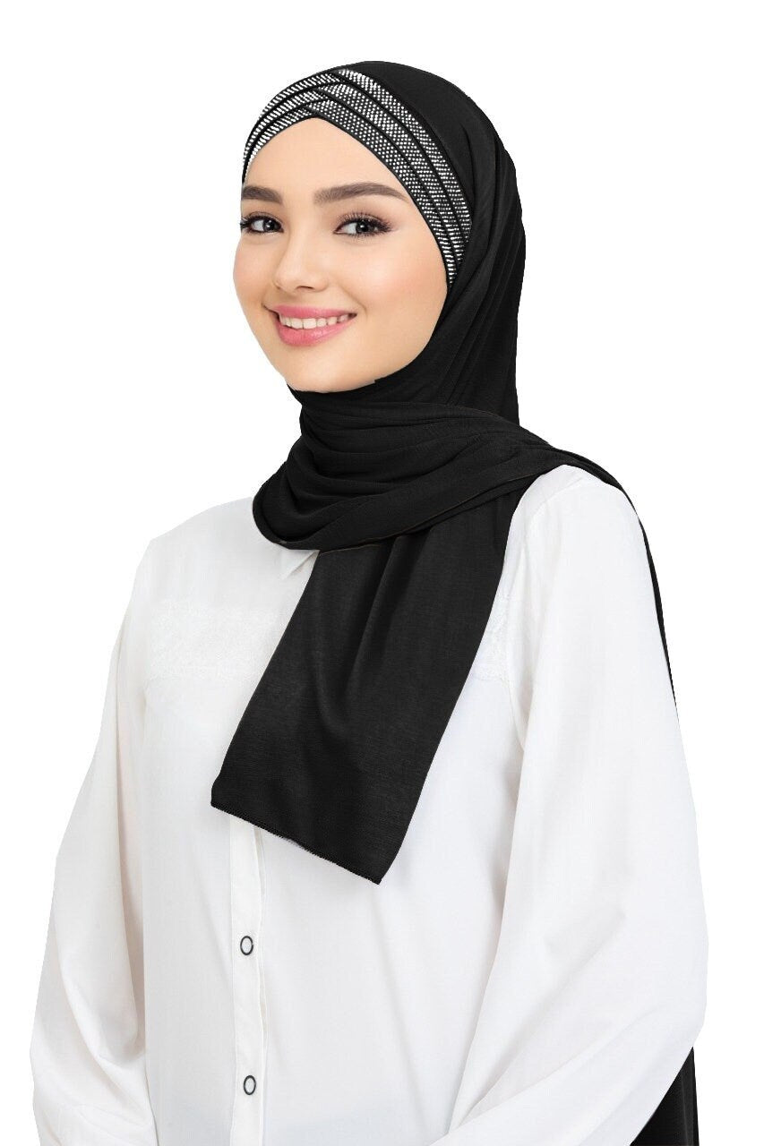 Modern Instant Ready Scarf Hijab Criss Cross with Silver Diamantes Premium Quality Jersey Ramadan Eid Wedding