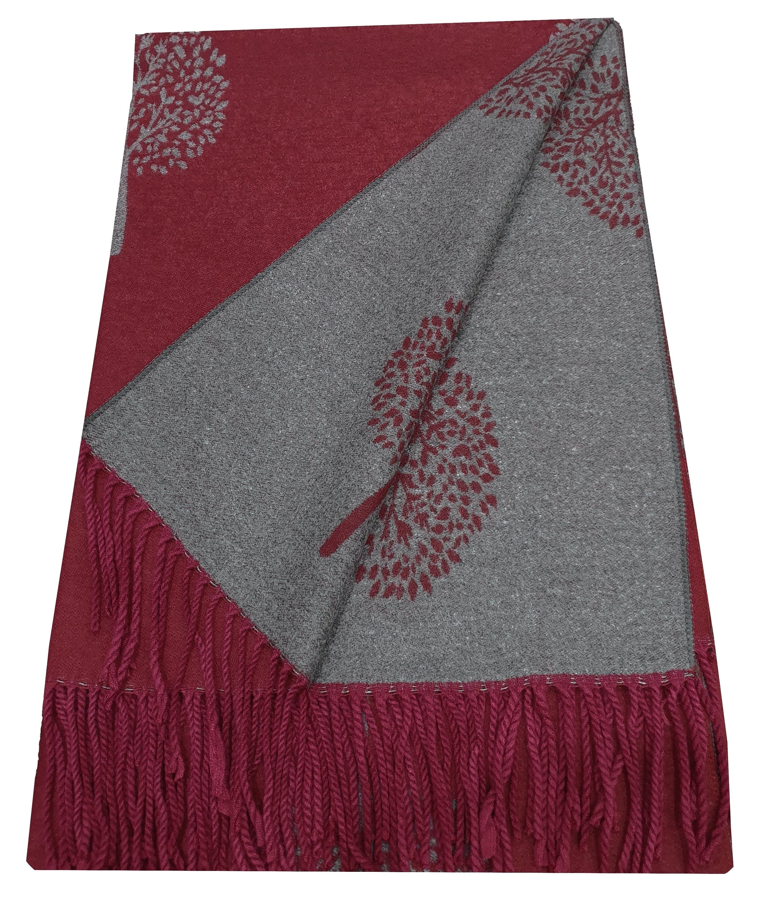 Thick Reversible Mulberry Design Winter Scarf Wrap Blanket Shawl Warm Soft Cosy - BURGUNDY / SILVER