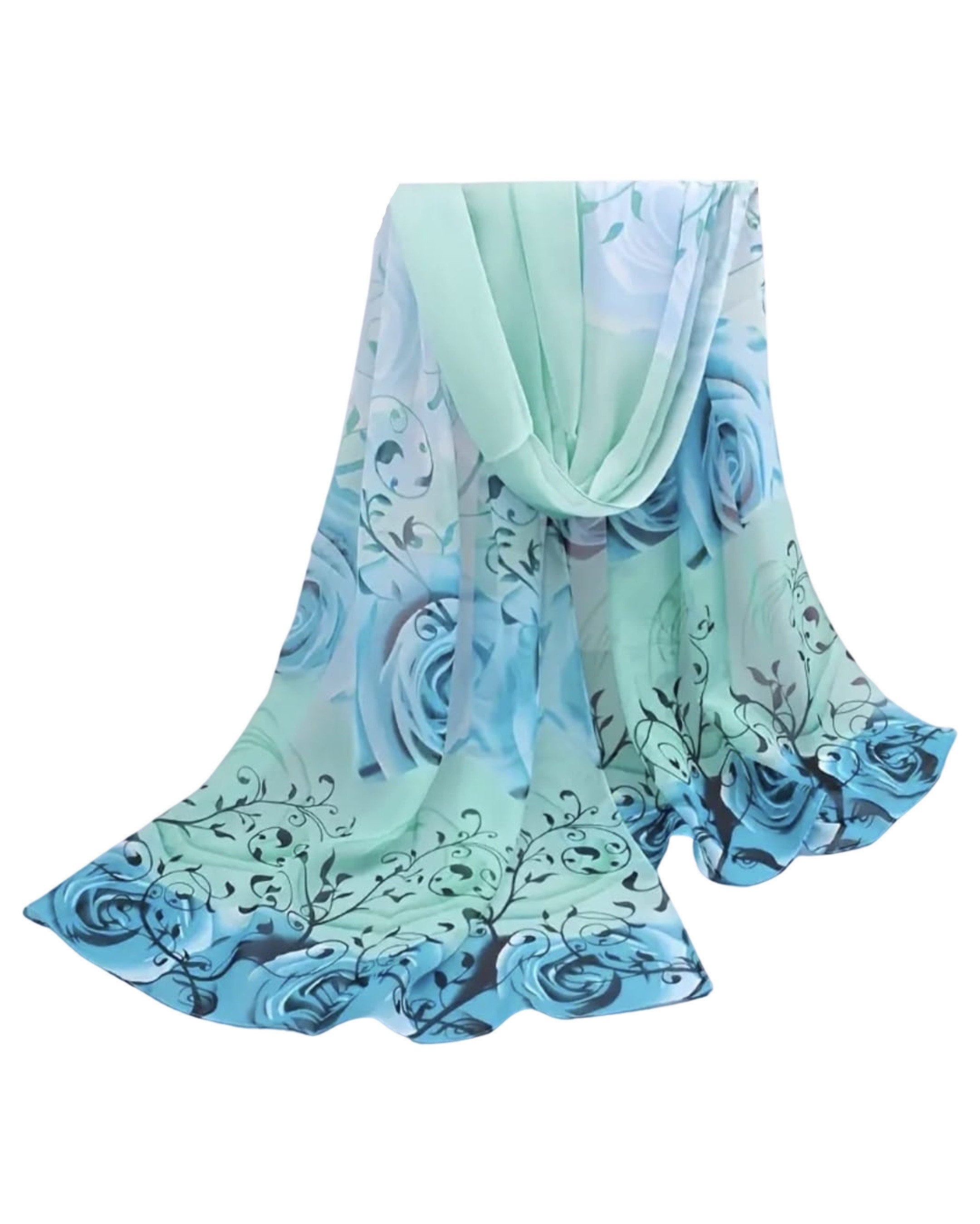 Extra Large Mint and Blue Color Flower Print Large Silk Shawl Scarf Wraps