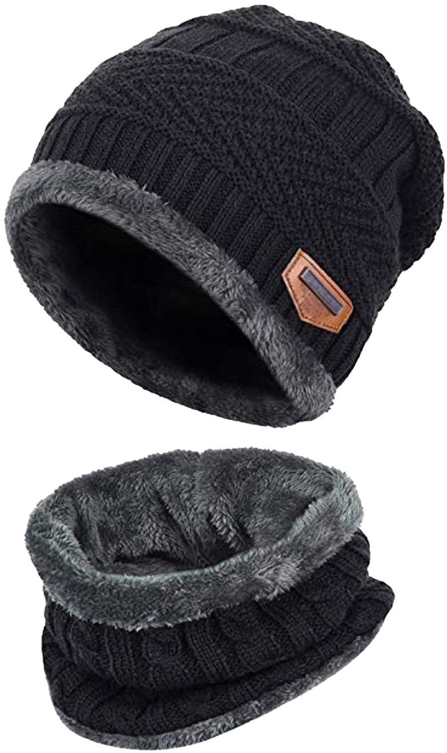 Unisex Men Women Knitted Fleece Beanie Hat and Loop Circle Scarf Snood Set Warm Soft and Comfortable