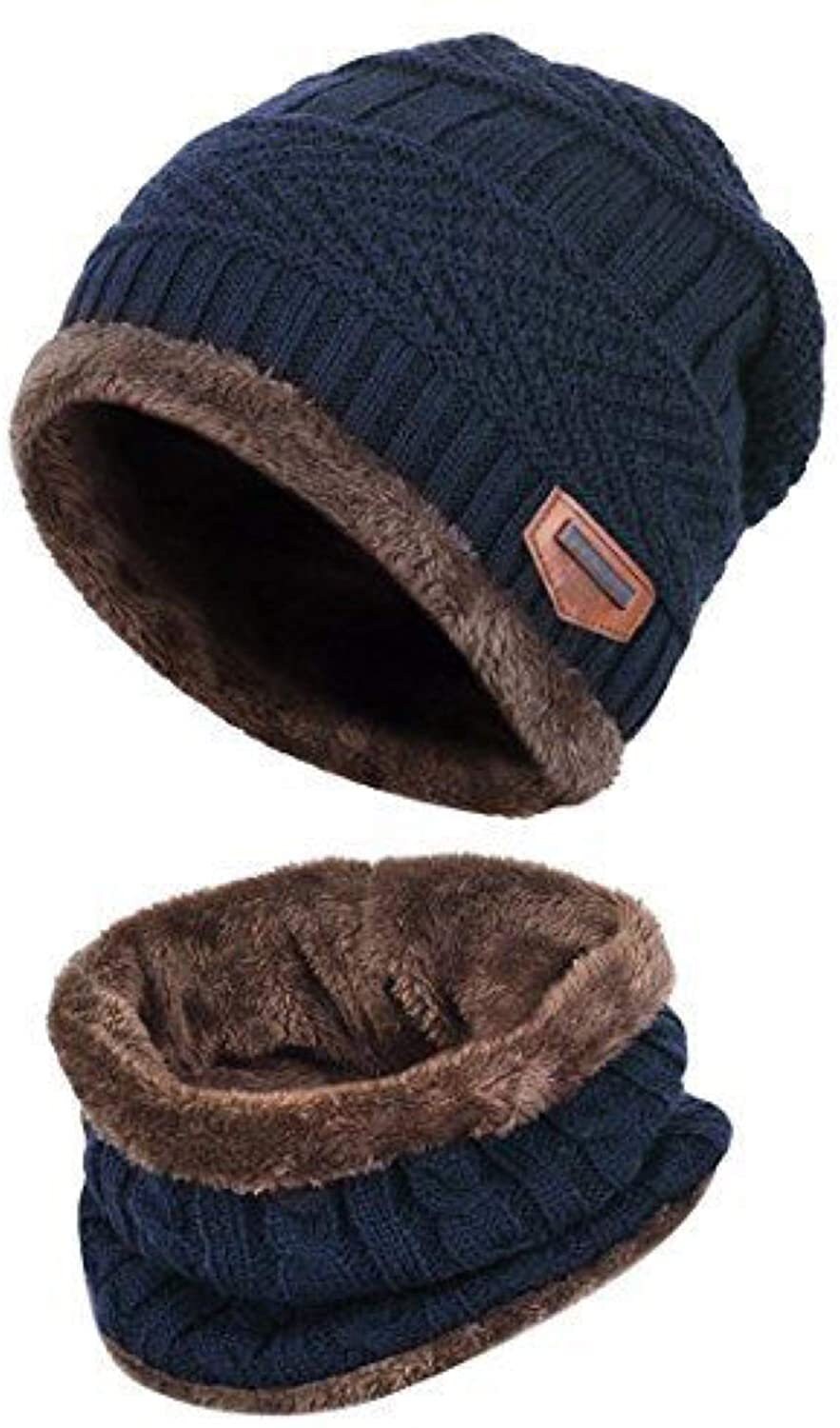 Unisex Men Women Knitted Fleece Beanie Hat and Loop Circle Scarf Snood Set Warm Soft and Comfortable