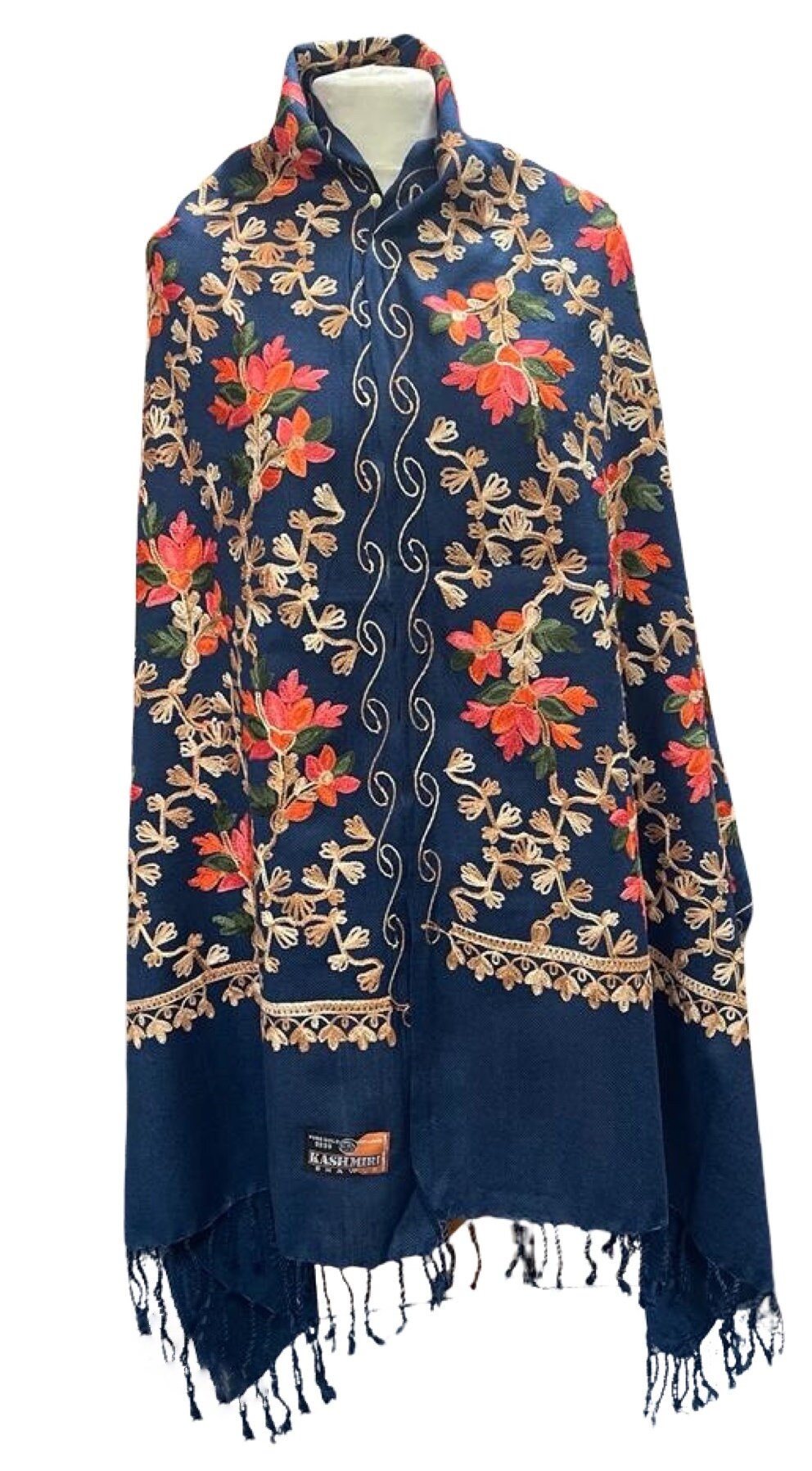 Navy Blue Stunning Kashmiri Master Craftsman Hand Embroidered Luxury Shawl Wrap Scarf