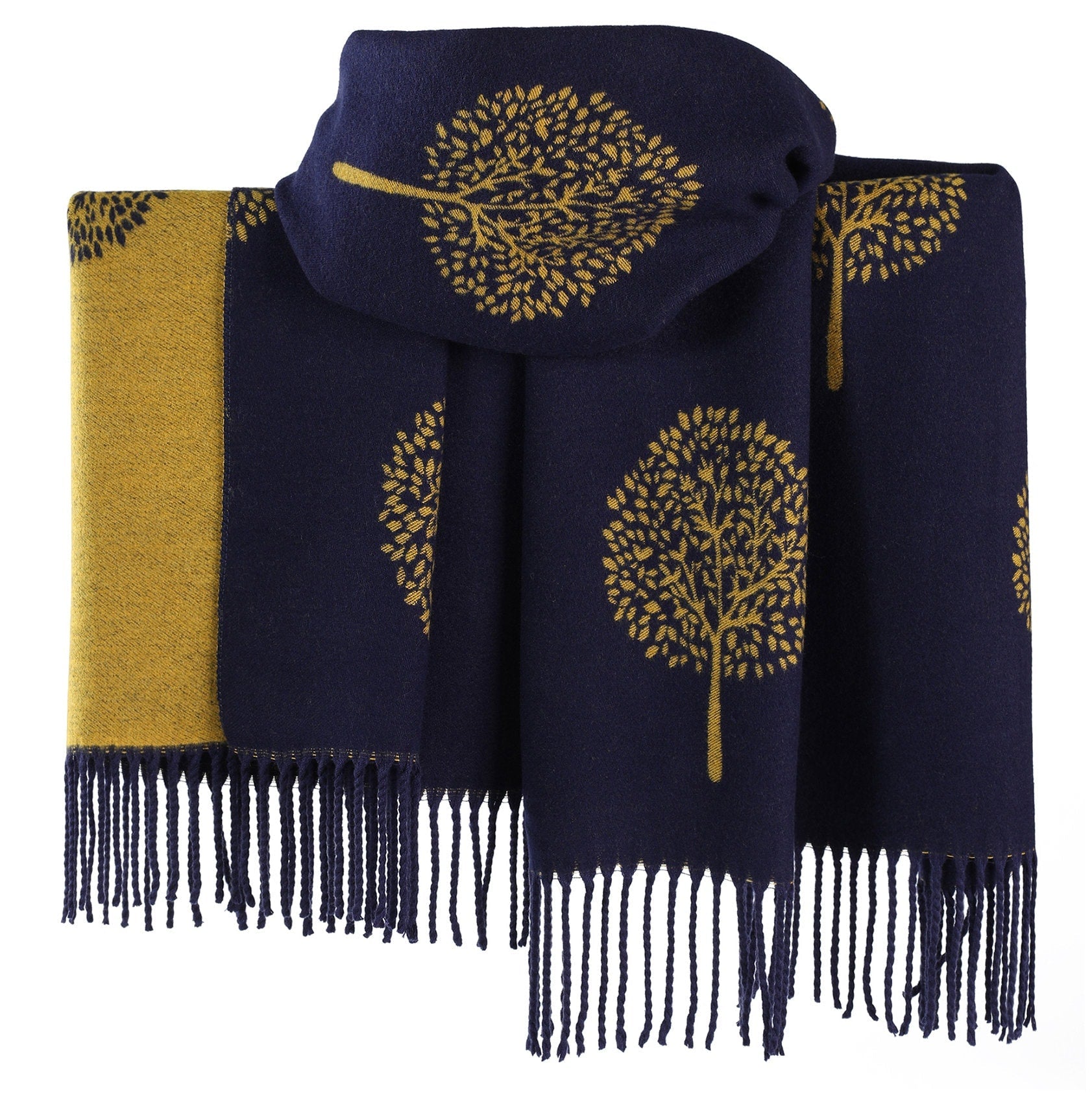 Navy Blue Mustard WINTER WARMER Luxuries Reversible Thick Long Mulberry Print Fashion Blanket Wrap Perfect Gifts thick extra long cape shawl